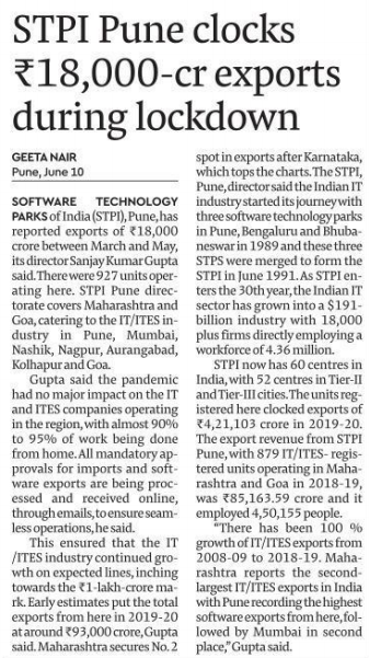 STPI-Pune clocks export of Rs 18,000 crore during lockdown.
